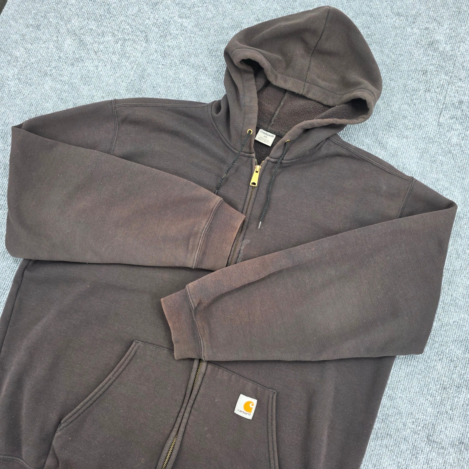 Carhartt Mens Xl Full Zip Hoodie Brown Faded Distressed Workwear Sweatshirt